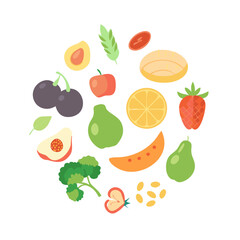 Illustration of various fruits and vegetables in a circle, showcasing healthy eating and diverse nutritional options
