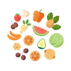 Illustration of various fruits and vegetables in a circle, promoting healthy eating and diverse food choices