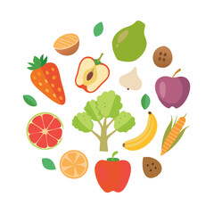 Illustration of various fruits and vegetables in a circle, showcasing healthy eating and diverse food options