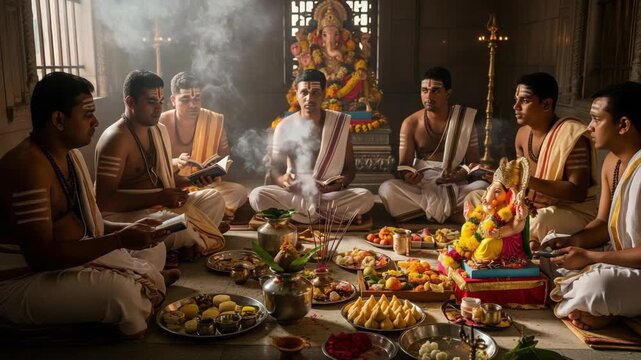 Ganesh Chaturthi Celebration Priests Performing Puja Rituals with Offerings and Incense