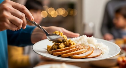 Thanksgiving dinner served with family, sharing a warm, festive meal and joyful moments together