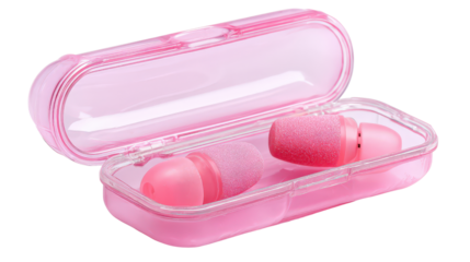 Pair of pink earplugs in protective case background isolated on a Transparent background, PNG file.