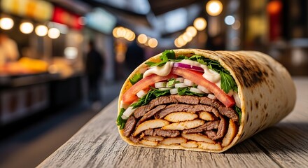 Delicious shawarma wrap with fresh vegetables and creamy sauce on a rustic wooden table