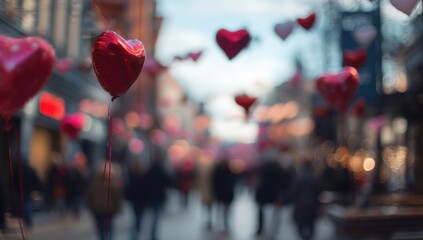 Fototapeta premium Heart-shaped balloons float over a blurred city street