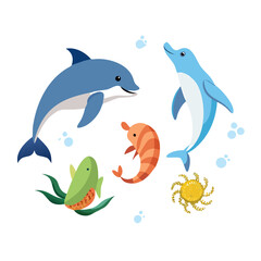 Illustration of a group of marine animals, including dolphins, shrimp, and fish