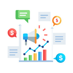 Digital marketing graph with megaphone, speech bubbles, and dollar signs