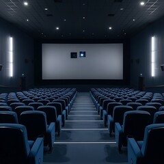 Obraz premium Empty theater auditorium with rows of blue seats.