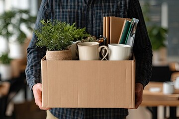 A person holds a cardboard box filled with personal belongings, plants, mugs, and office supplies, signifying departure or resignation