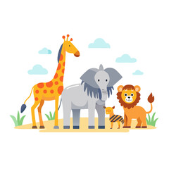 Cartoon illustration of a giraffe, elephant, lion, and antelope standing together