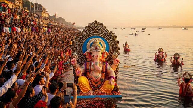 Ganesh Chaturthi Festival Immersive Visarjan Ceremony on Riverbank with Devotees