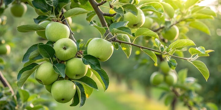 Green apples growing on tree branch in the orchard on a sunny day.
