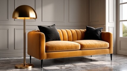Fototapeta premium Bright sunlight streaming through large windows highlighting modern living space with mustard velvet sofa, black cushions, golden floor lamp against sleek marble flooring