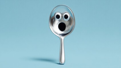 A silver magnifying glass shaped like a surprised emoticon against a light blue background