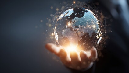 A hand holds a glowing, digital representation of Earth