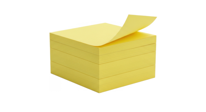 Stack of yellow sticky notes with one note peeling up, isolated on a white background.
