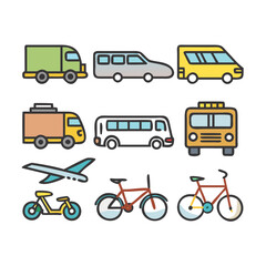 Fototapeta premium Collection of various transport icons, including cars, buses, trucks, bicycles, and airplanes in a flat design style
