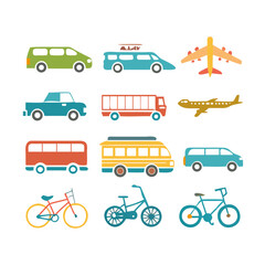 Naklejka premium Collection of colorful transport icons, including cars, buses, trucks, bicycles, and airplanes in a flat design style