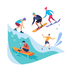 Isometric illustration of people doing extreme sports, including snowboarding, surfing, and running