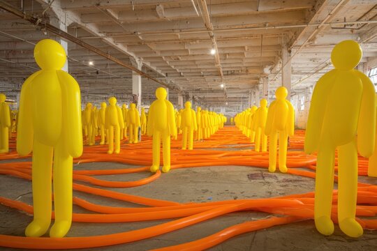 Yellow figures in a large industrial space