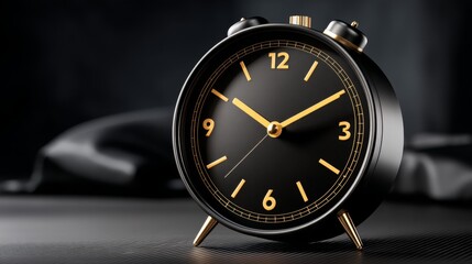 Elegant black and gold alarm clock resting on dark surface, showing precise time against soft focus background, embodying minimalist design and refined aesthetic