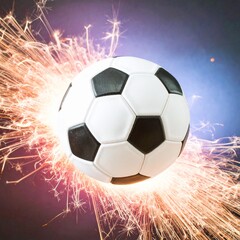 Naklejka premium Soccer Ball With Golden Sparklers Explosion Effect On Blue Background
