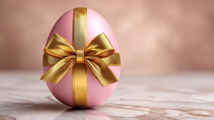 Pink easter egg adorned with golden ribbon bow, resting on marble surface, soft pastel background highlighting delicate holiday decor