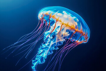 A colorful jellyfish floats serenely in deep blue water, with luminous tentacles trailing behind, creating a mesmerizing underwater spectacle