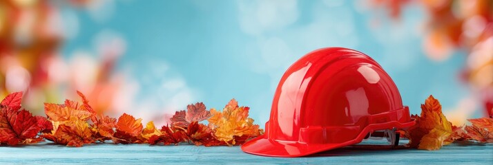 Red safety helmet placed amidst autumn leaves on blue wooden surface