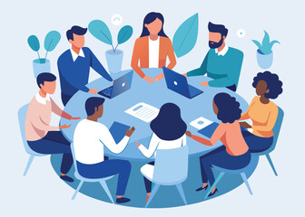 A illustration Diverse team collaborating around a table with laptops and documents in a meeting 