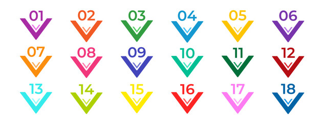 Vector illustration with triangle markers pointing down from 1 to 12 isolated on white background. Multicolored web icon template with numbers. Abstract graphic concept element. © Hanna