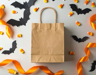 Halloween themed paper bag with decorations.