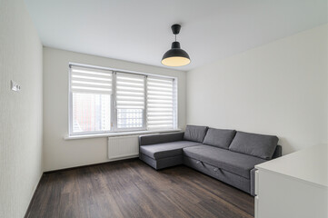 bright room features a gray sofa, dark wooden floor, and a window with roller blinds. A black pendant light hangs from the ceiling. The walls are painted in a neutral tone