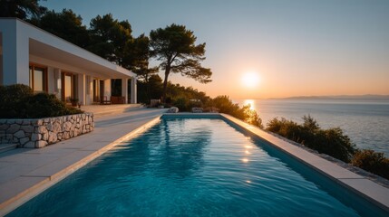 Fototapeta premium Infinity pool beside minimalist white villa, radiating luxury during golden sunset with expansive ocean vista, embodying tranquil tropical elegance