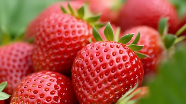 Dynamic Macro Slow Pan Across a Pile of Fresh, Ripe, and Juicy Red Strawberries