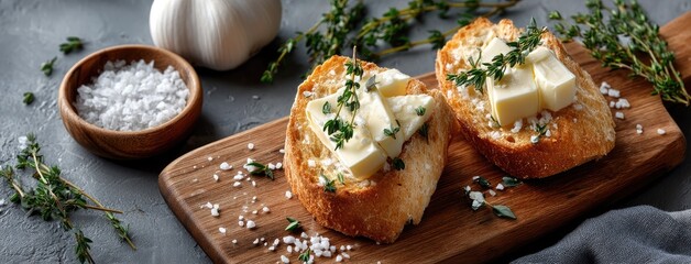 Freshly made toasted bread topped with butter and herbs on a rustic wooden board