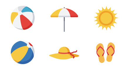 Colorful beach icons including balls umbrella sun hat and flip flops silhouette