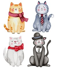 watercolor set of funny cartooned cats