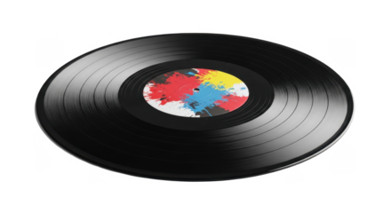 A black vinyl record with a colorful, abstract paint splatter label design.