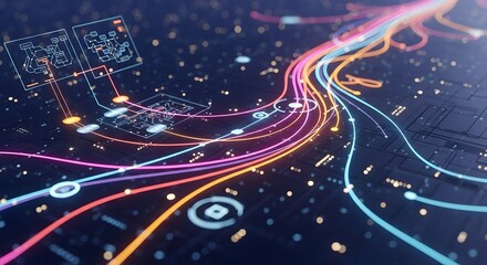 Abstract visualization of digital data streams flowing through a complex network of circuits and glowing lines, representing technology and connectivity