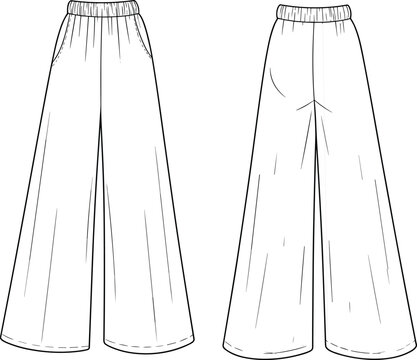 Fashion flat sketch of women’s wide leg pants with elastic waistband and pockets, front and back vector apparel design template.