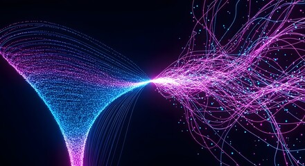 Abstract swirling streams of glowing blue and pink particles flowing together, creating a dynamic and futuristic digital art background with a dark backdrop