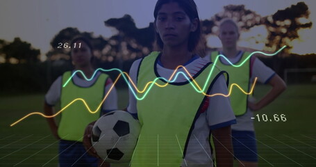 Standing central female soccer player holding ball on grass field at dusk, wearing neon pinnies