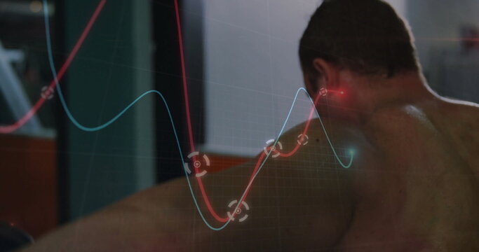Showing shirtless male athlete leaning forward during gym with digital graph overlay, copy space