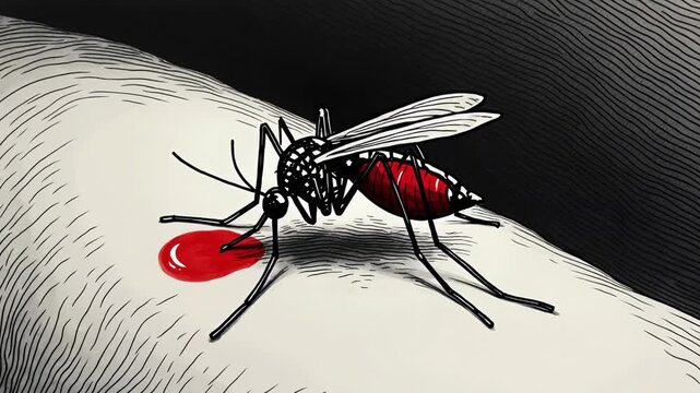 Mosquito feeding process featuring abdomen enlargement and blood uptake on human skin