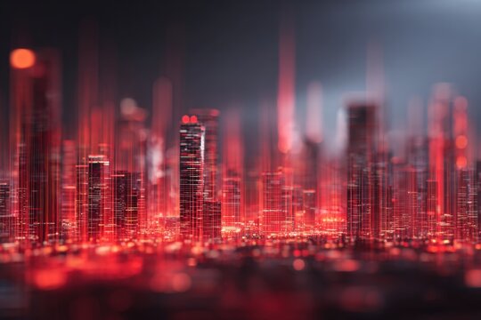 A futuristic city skyline at night, glowing with vibrant red digital light