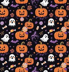 Fototapeta premium Seamless Halloween Pattern with Cute Ghosts and Pumpkins – Vector Background