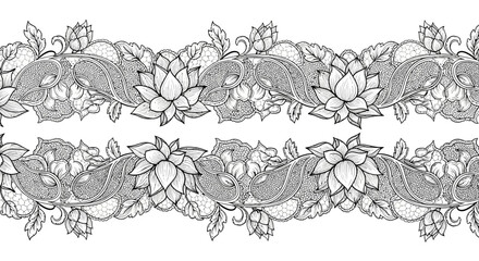 Double Seamless Ornamental Border with Stylized Lotus Flowers and Paisley Motifs on Isolated White Background