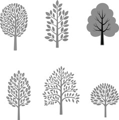 Minimalist tree vector set, gray and black tree silhouettes, abstract forest illustrations, botanical elements, eco-friendly design, nature clip art