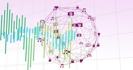 Floating translucent network sphere connecting nodes on data screen, with icons, waveform, and grid