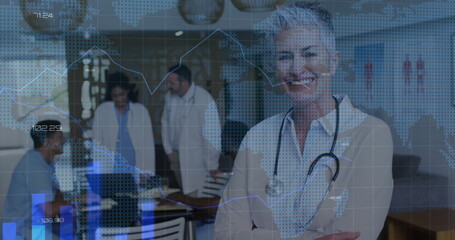 Leading doctor wearing stethoscope guiding team analyzing laptop data overlay at clinic, copy space